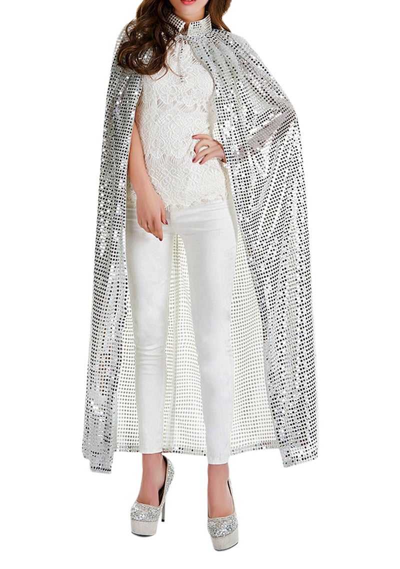 BXT Adult Women Long Maxi Paillette Cosplay Cape Halloween Christmas Party Sequins Cloak Silver - Image 2